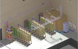 The acceleration grid power supplies for SPIDER and the diagnostic neutral beam are similar with respect to their technical specifications and intricacies. Pictured: a 3D view of the acceleration grid power supply hall. (Click to view larger version...)